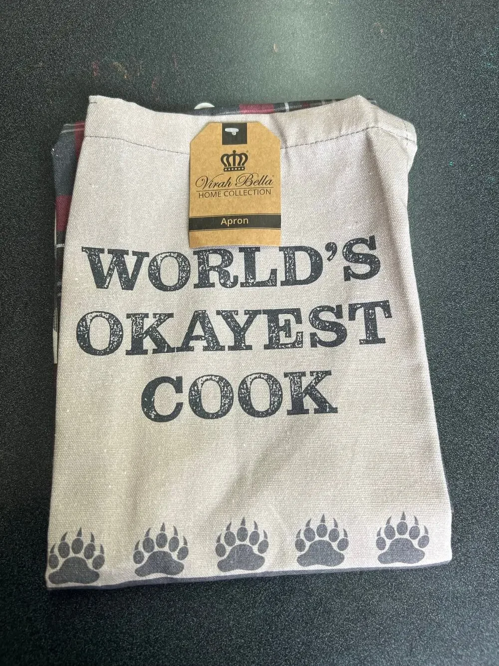 Virah Bella World’s Okayest Cook Apron NWT Buffalo Plaid Bear Funny Kitchen